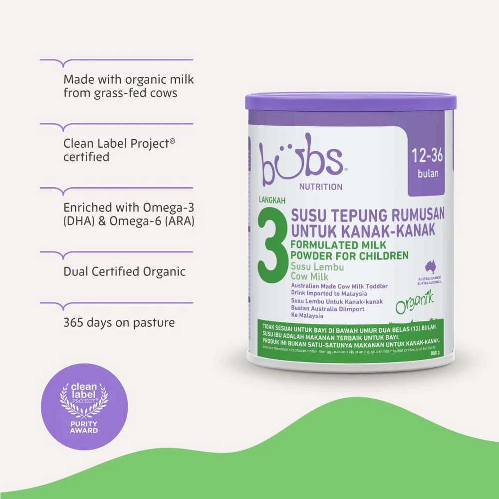 Bubs Organic® Grass Fed Toddler Milk Stage 3: Susu Tumbesaran Organik Terbaik Pilihan Mommy