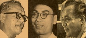 Dari kiri: Ishak Hj Muhammd, Dr Burhanuddin al-Helmy dan Ahmad Boestamam. Imej dari Aliran