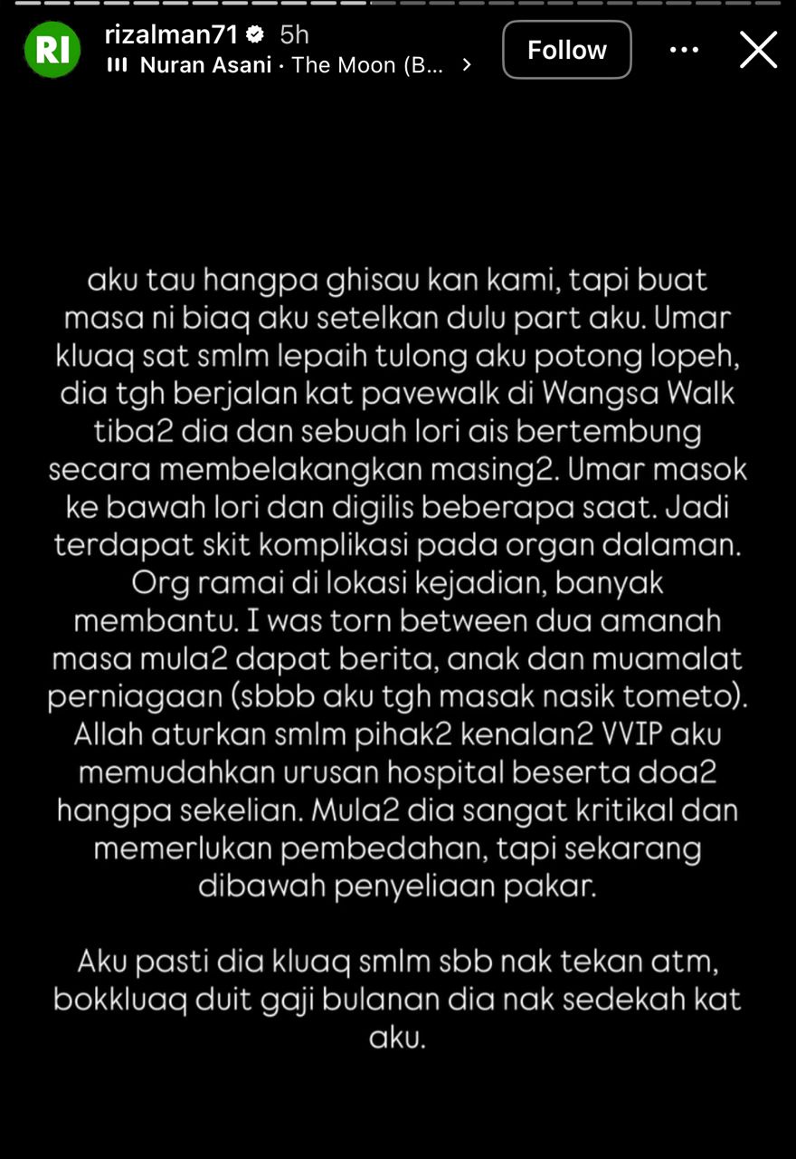 Image from: Anak angkat Rizalman kritikal, kemalangan digilis lori