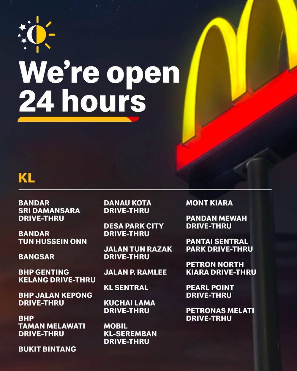 Image from: McDonald’s整理了24小时营业的分行列表，来看你家附近哪些门店是24小时营业