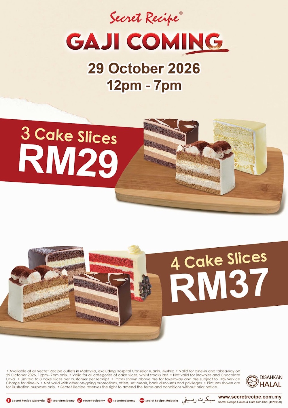 Secret Recipe October 2026 Gaji Coming cake promotion with three slices for RM29 and four slices for RM37