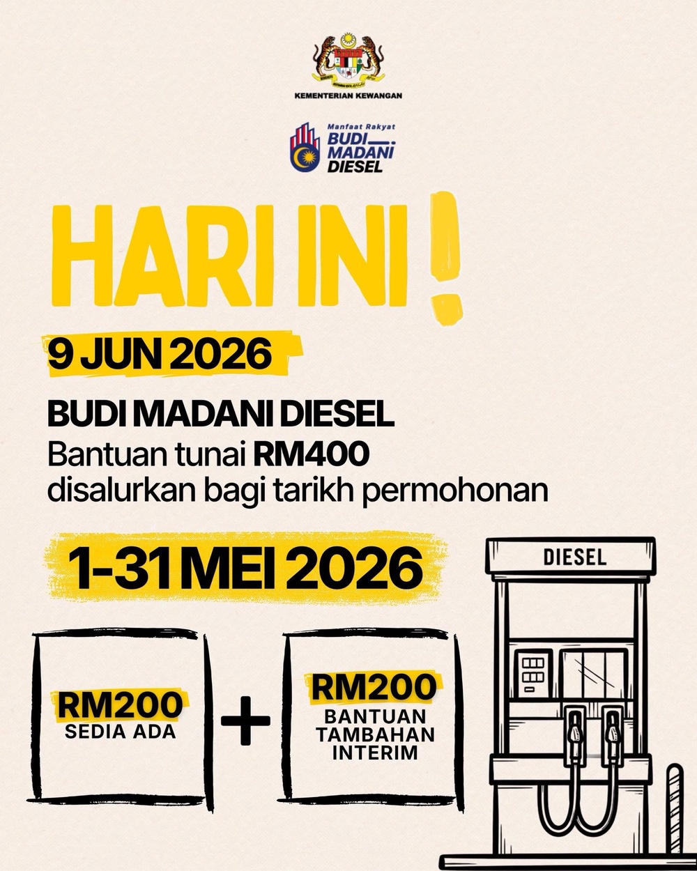 Image from: RM400 BUDI MADANI DIESEL柴油现金援助6月9日发放!