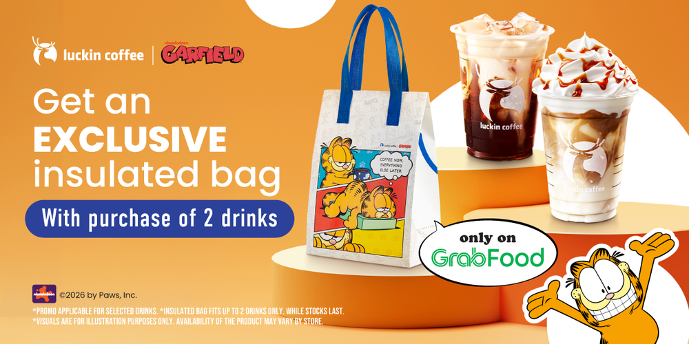 Garfield-themed Luckin Coffee merchandise and collectible packaging in Malaysia