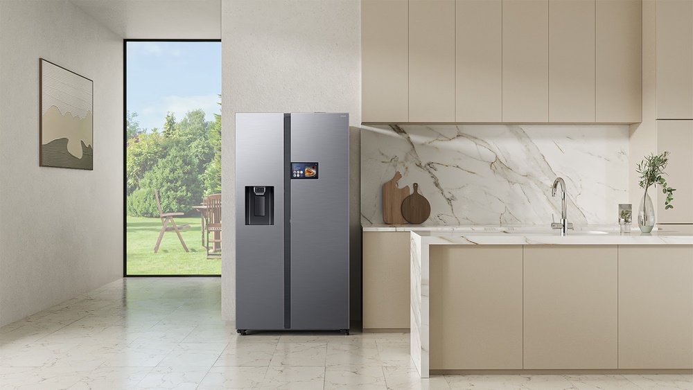 Samsung side-by-side refrigerator with a 9-inch AI Home display for connected smart home controls