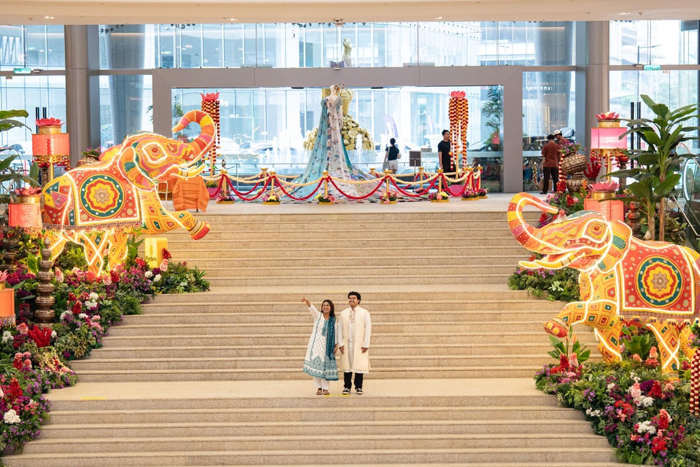 Illuminated elephant and festive floral decorations at Pavilion Bukit Jalil