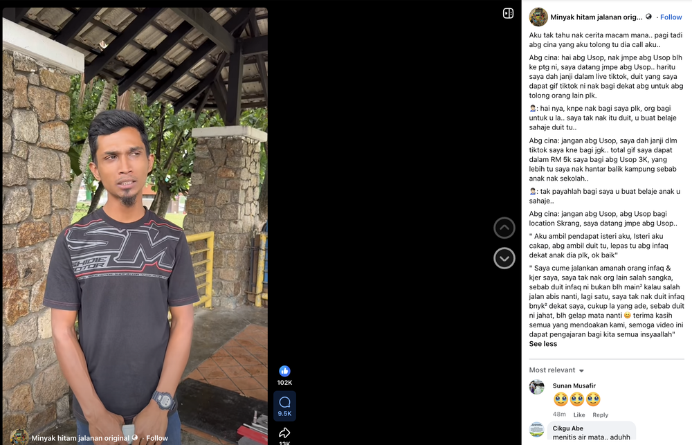 Image from: Dicky Yau Tunai Janji! Nekad Serah RM3,000 Meski Ditolak ‘Abang Minyak Hitam Jalanan’
