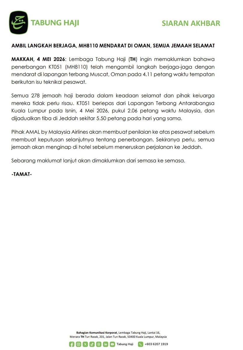 Image from: MH8110 Mendarat Di Oman, 278 Jemaah Haji Selamat – Tabung Haji