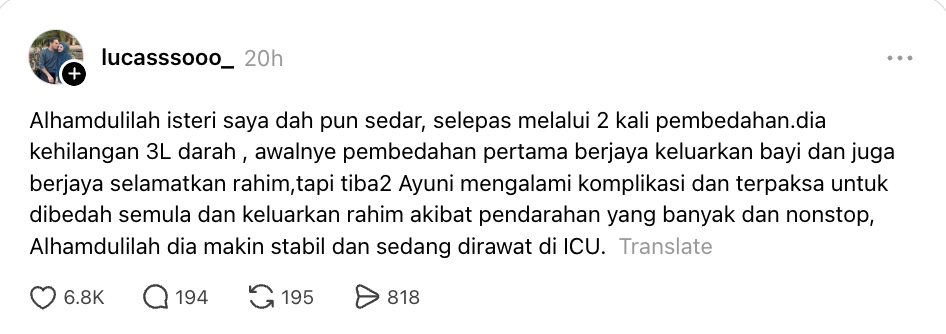 Image from: Pengorbanan Seorang Ibu! Alami Komplikasi Placenta Accreta, Rahim Ayunie Terpaksa Dibuang
