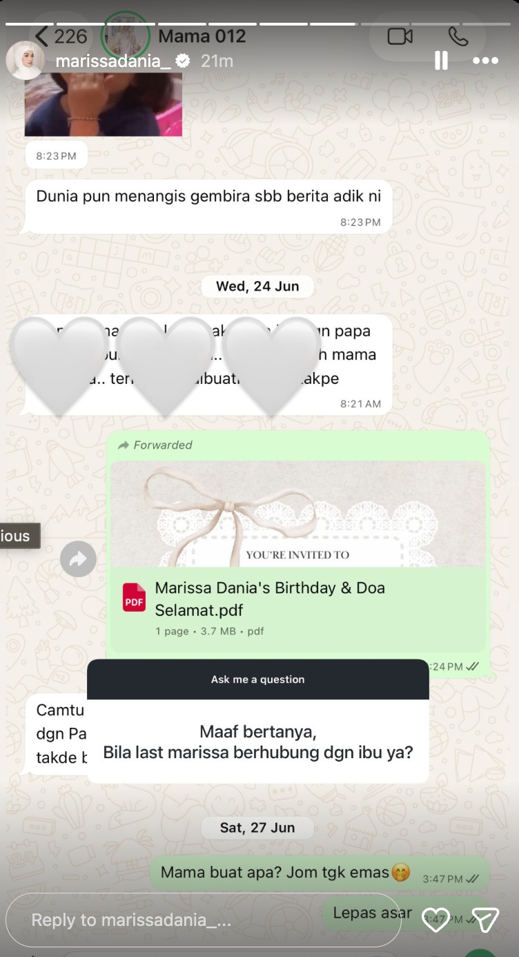 Image from: “Saya Menangis Bila Tahu Mama Tak Ada Di Majlis, Saya Tak Tahu Nak Mula Dari Mana” – Marissa Dania Hakim