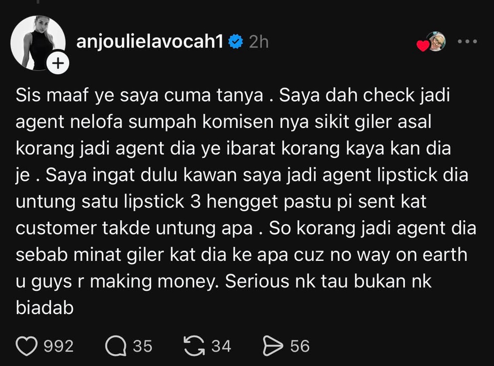 Image from: “Korang Jadi Pencacai Kayakan Dia” –  Individu Menyesal Jadi Ejen,  Zarina Anjoulie Persoal Kadar Komisen Produk Susu Pisang Milik Neelofa