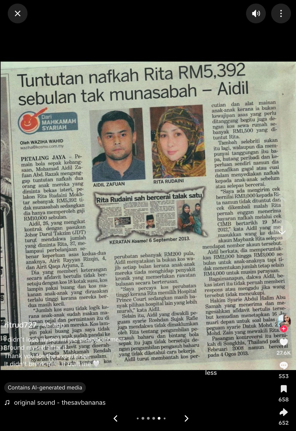 Image from: “Saya Tak Hilang…” – Rita Rudaini Imbau ‘Luka’ Lama Hadapi Perceraian Dengan Aidil Zafuan
