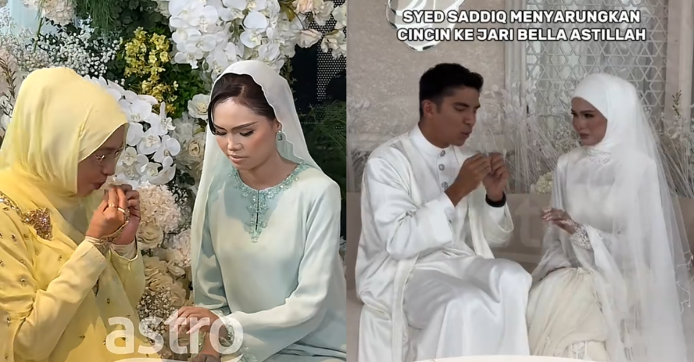 Ibu Syed Saddiq meniup cincin sebelum menyarungkannya, diikuti Syed Saddiq melakukan perkara sama ketika menyarungkan cincin ke jari Bella Astillah.