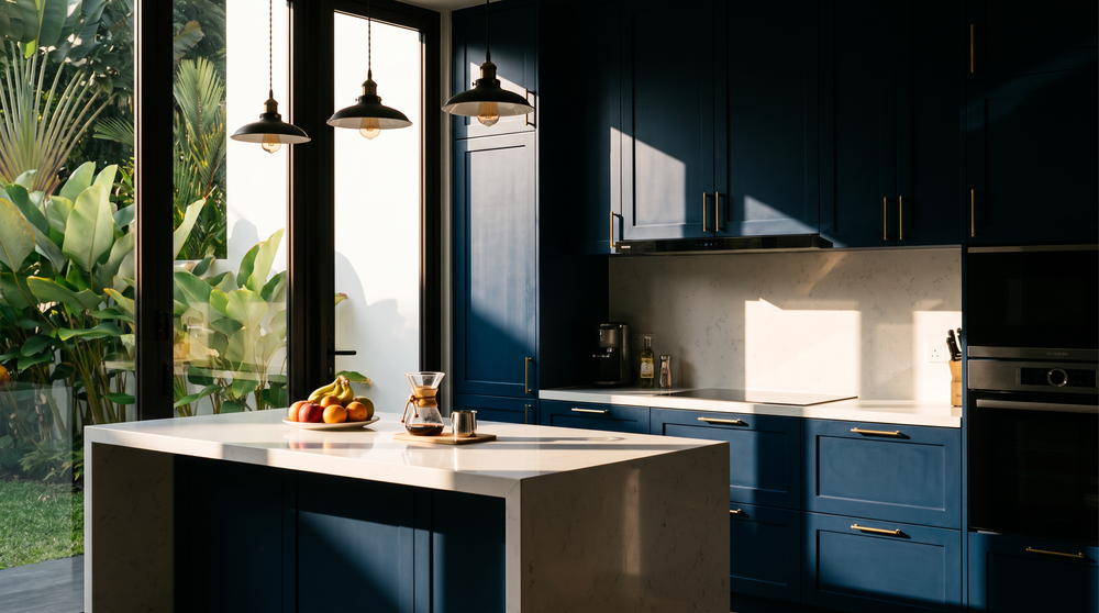 Navy blue kitchen cabinets with brass handles and white quartz island in a Johor landed home