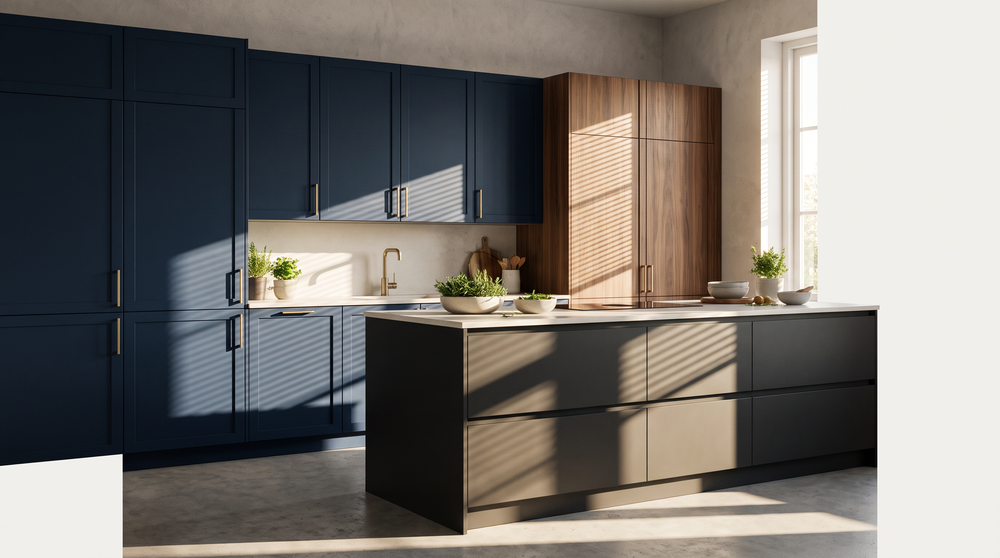 2026 kitchen cabinet colour trends: navy blue, walnut woodgrain and charcoal island in one kitchen
