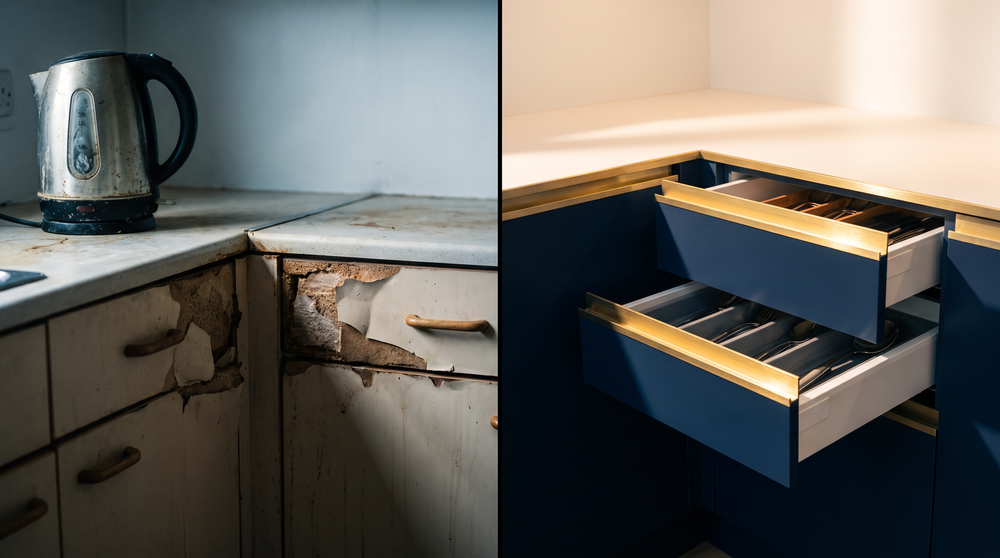 Comparison of water-damaged peeling laminate cabinet versus pristine navy aluminium cabinet interior