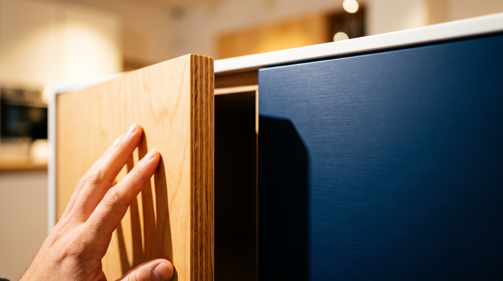 Solid plywood woodgrain cabinet door beside navy aluminium honeycomb cabinet door