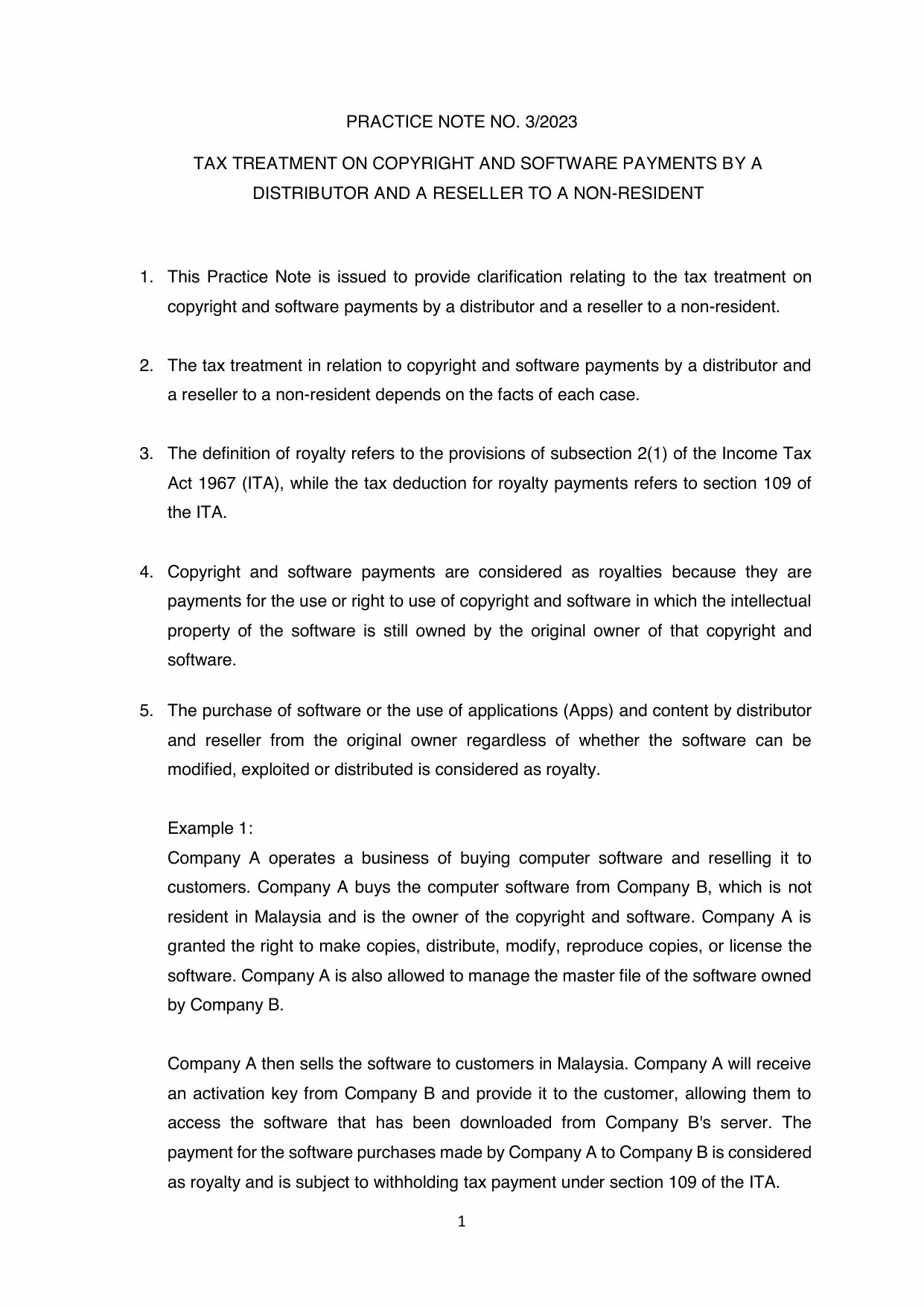 Snippet from LHDN Practice Note 3/2023 showing the tax treatment of copyright and software payments by Malaysian distributors and resellers to non-residents