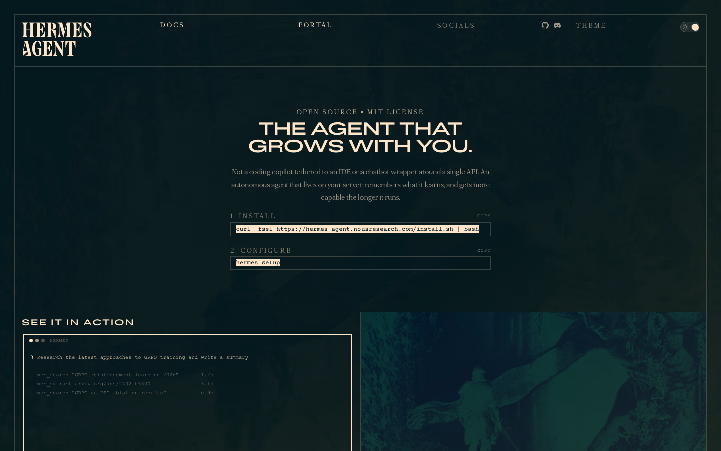 Hermes Agent product page on the Nous Research website, with the tagline 