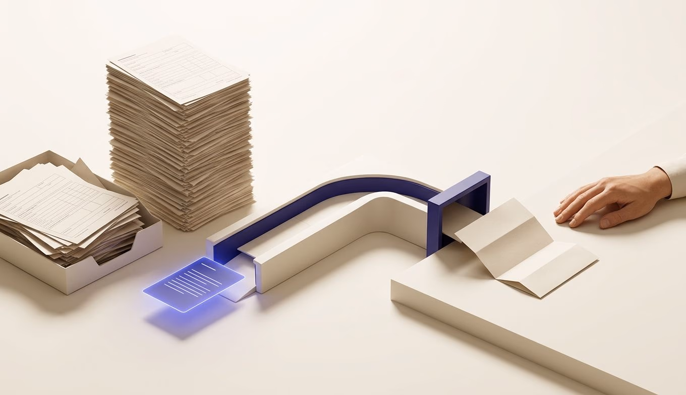 A tall stack of identical paper forms and an overflowing in-tray on the left, a single glowing instruction feeding a clean channel that delivers one finished letter on the right.