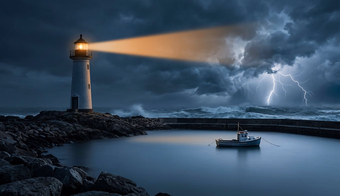 A steady lighthouse casting a calm beam over protected harbour water while a storm churns in the distance