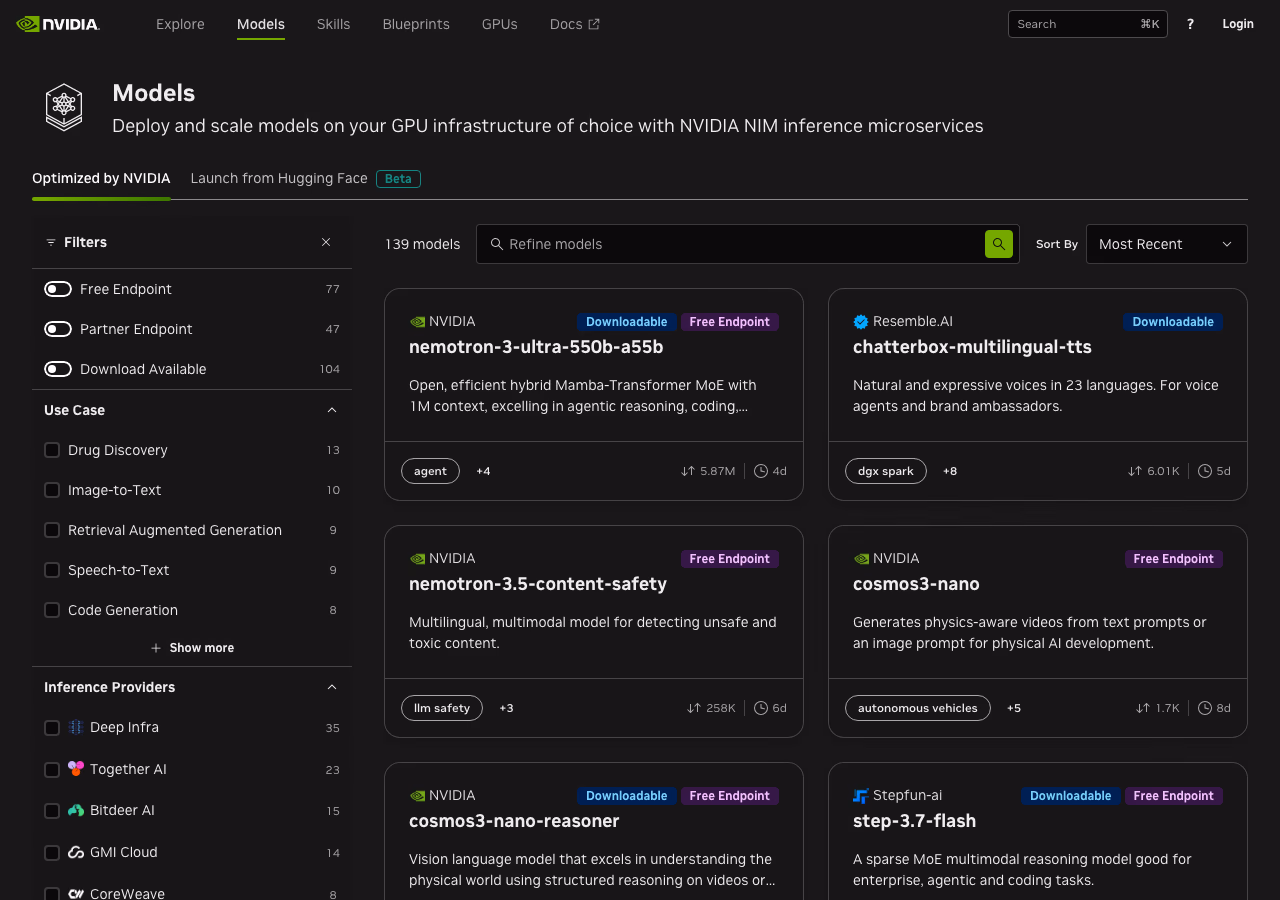 The NVIDIA build.nvidia.com model catalog, listing 139 free AI models with a free endpoint