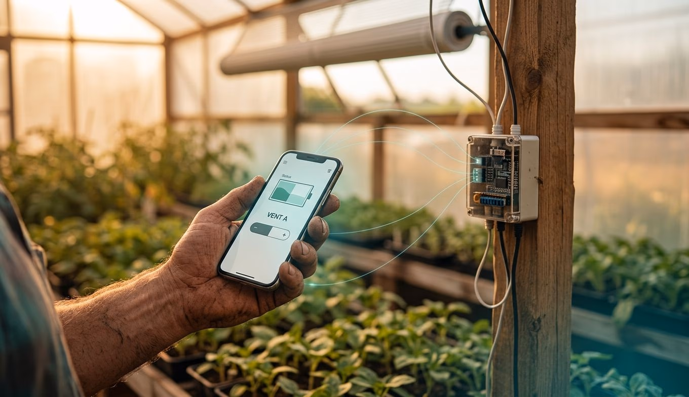 A farmer's hand opens a greenhouse vent from a phone, linked to a small electronics control box on a post
