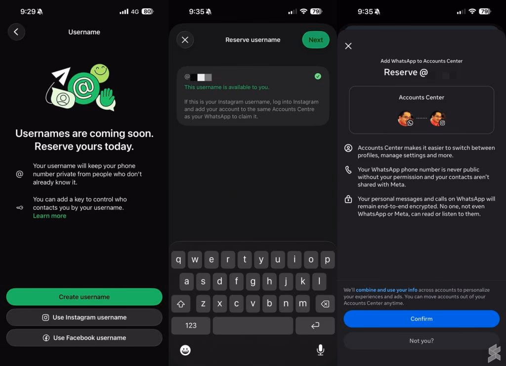WhatsApp settings screen showing where to reserve a username under Account.
