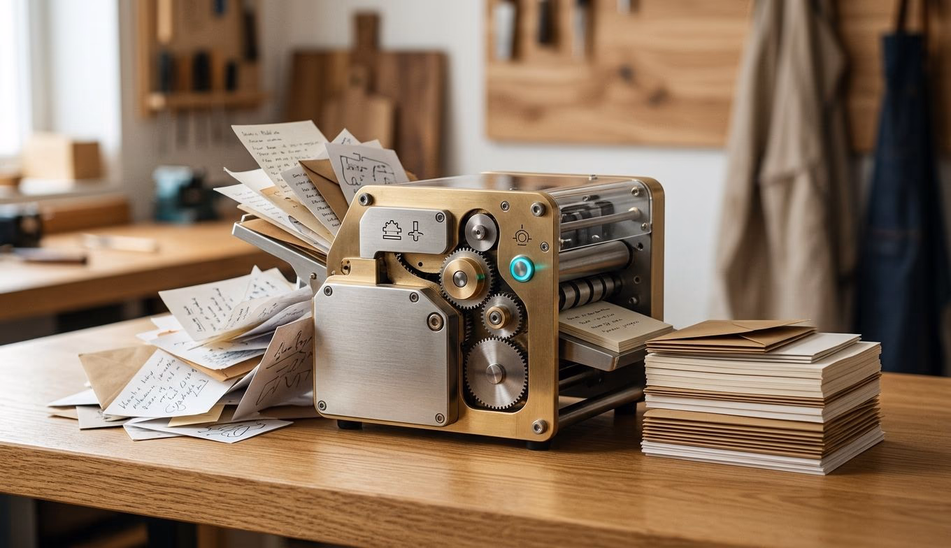A small, precise brass and steel desktop machine turning messy loose paper into one neat sorted stack