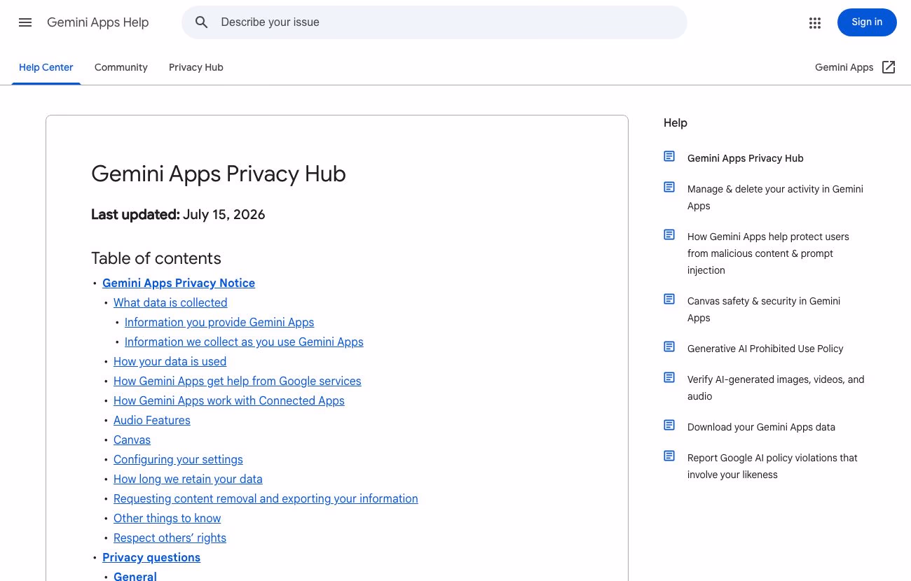 The Gemini Apps Privacy Hub table of contents, listing sections on how data is used, human review and retention periods