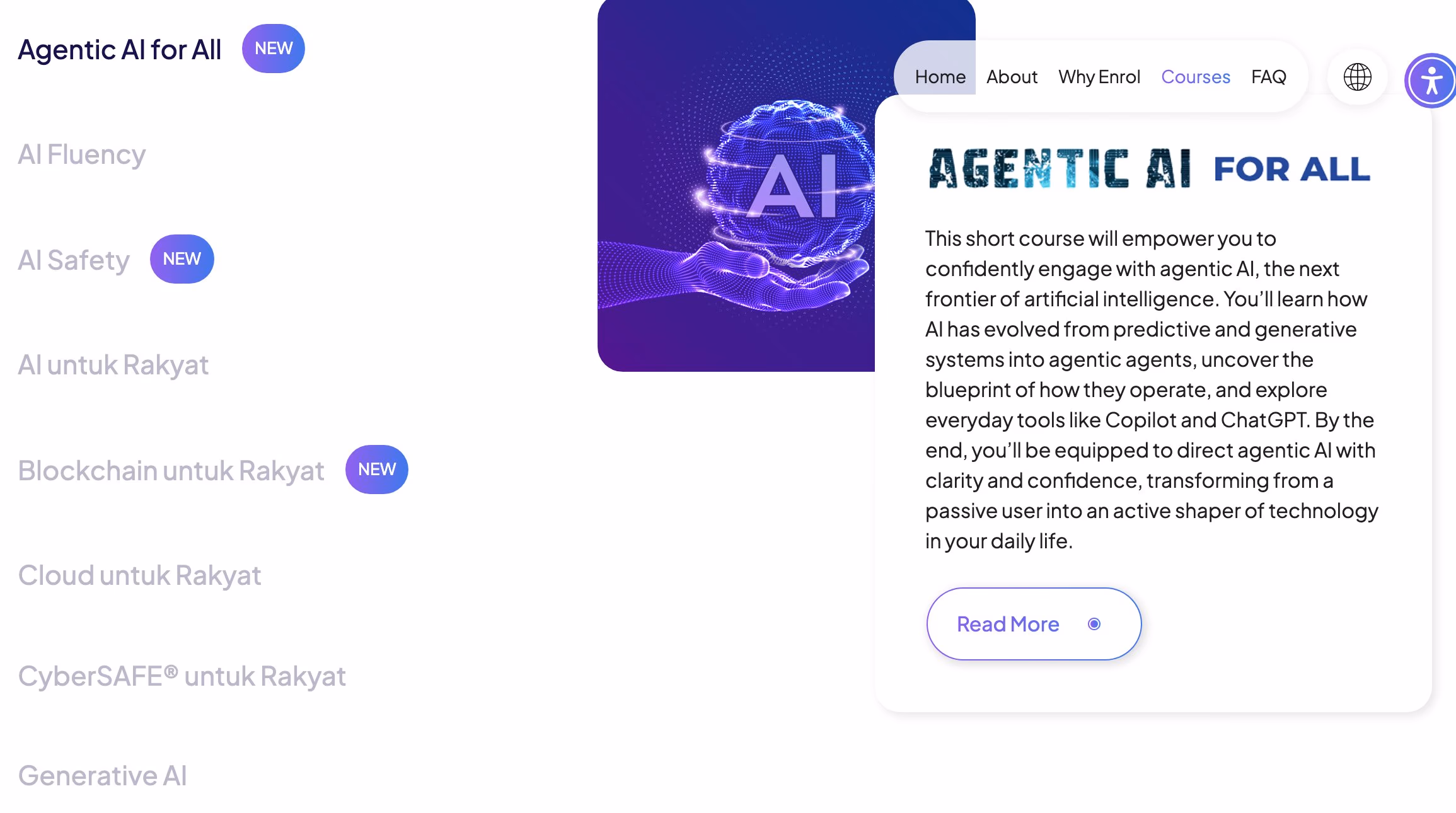 The Rakyat Digital platform showing its free course list, including Agentic AI for All, AI Safety and Cloud untuk Rakyat