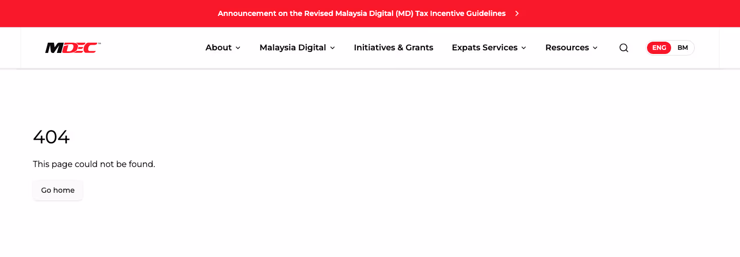 MDEC's site returning a 404 page for the mini project grant URL