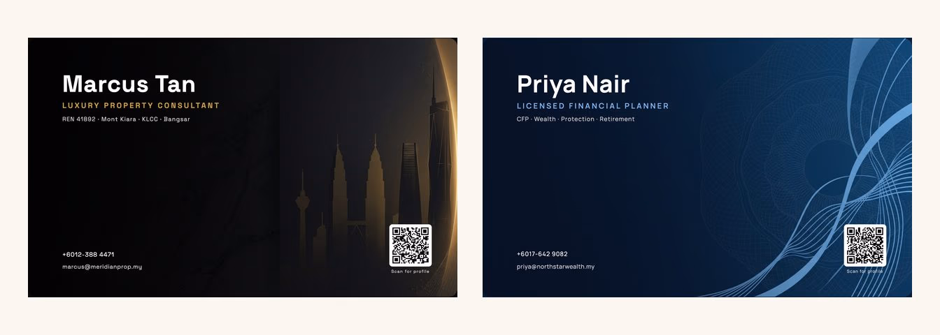 Two digital business card designs, one black and gold, one navy blue