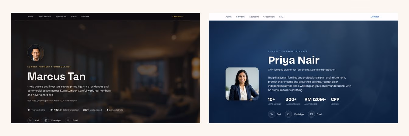 Two digital profile pages, one dark gold, one navy, each with a portrait, bio and contact buttons