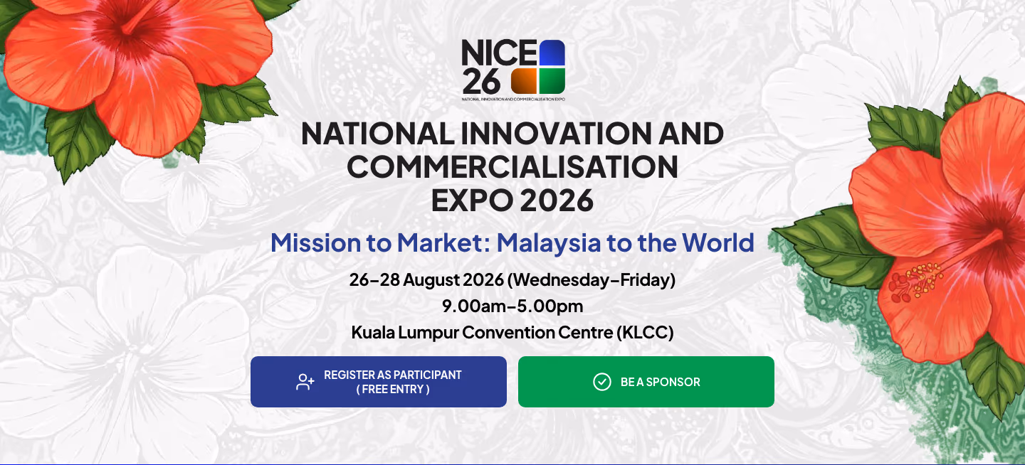 The NICE 2026 banner on the official MOSTI site showing dates, venue and a free entry button