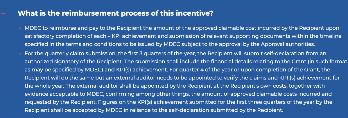 MDEC's published MDAG-AI reimbursement rules, stating payment follows KPI achievement