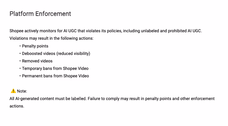 Shopee's published enforcement list for AI content violations