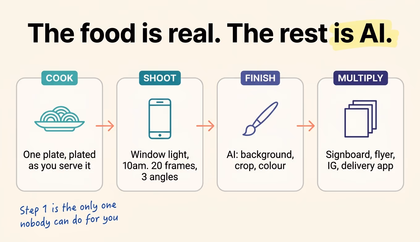 Four stages: cook, shoot, AI finish, then resize for four placements
