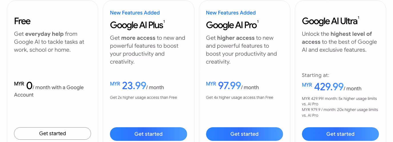 Google's Malaysia plan page: AI Plus at MYR 23.99, AI Pro at MYR 97.99