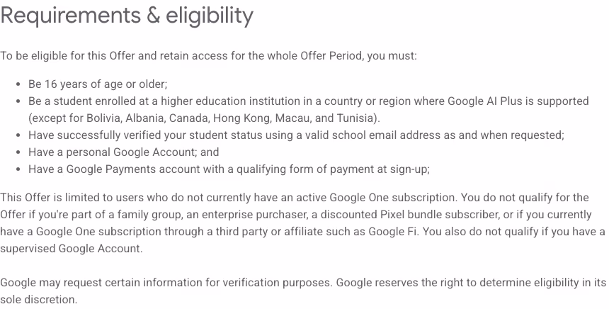 Google's Student Offer Terms, requirements and eligibility list