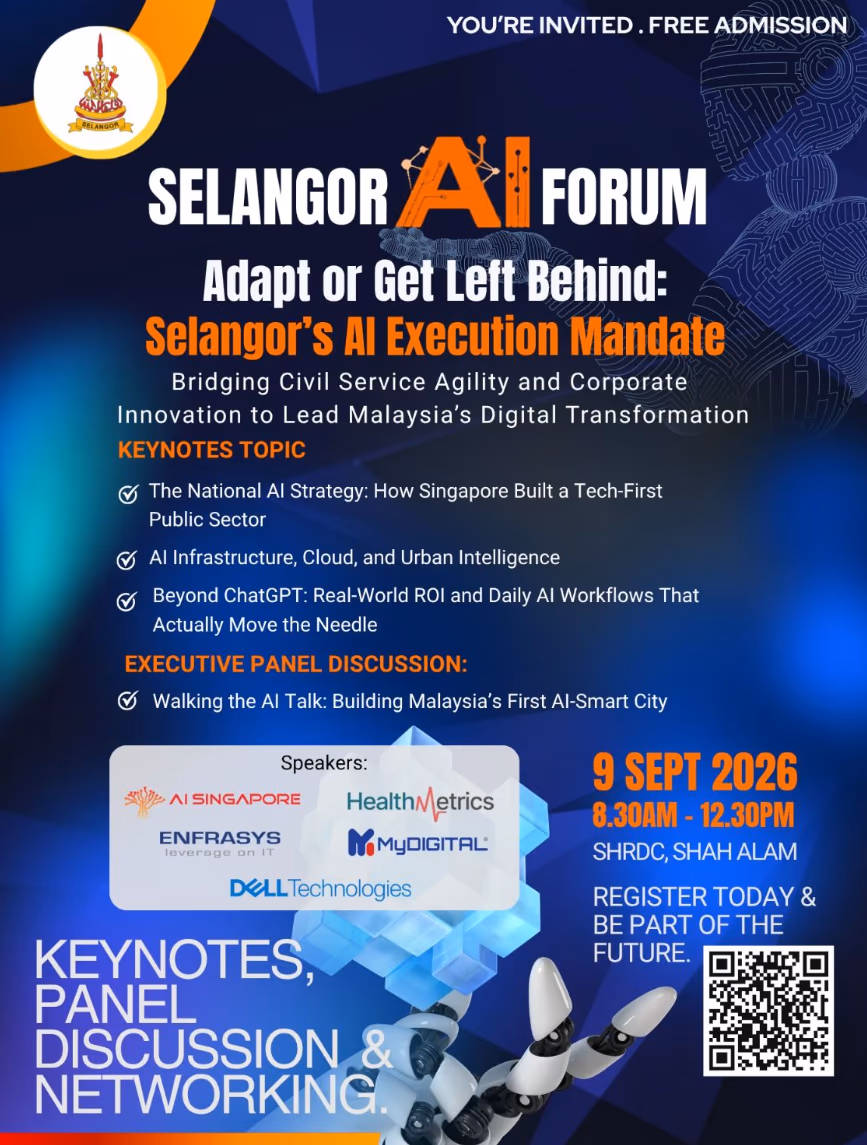 The official Selangor AI Forum 2026 poster, showing 9 September 2026 at SHRDC Shah Alam, free admission, three keynote topics and an executive panel