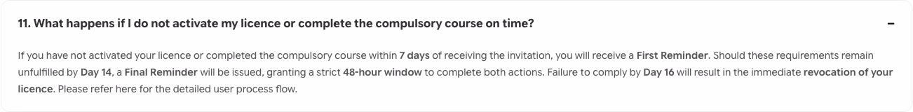 The Rakyat Digital FAQ answer describing the 7-day, 14-day and 16-day licence revocation timeline