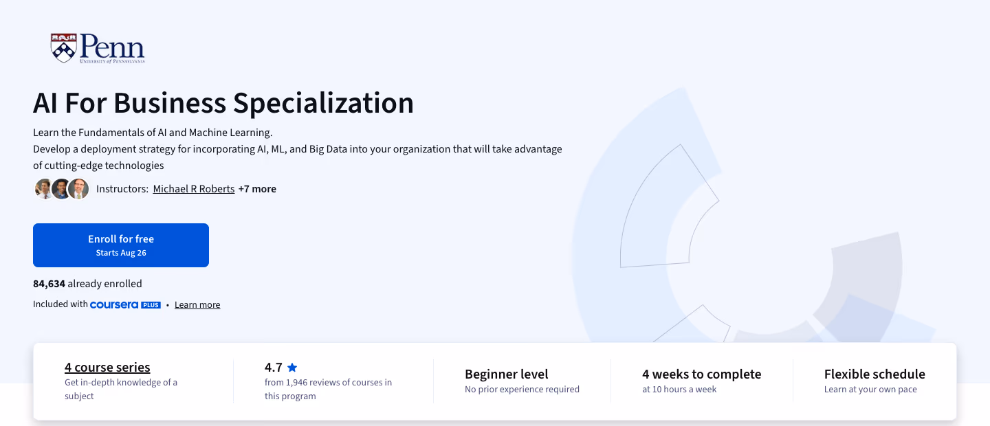 The AI For Business Specialization from the University of Pennsylvania on Coursera, showing 4 course series and 4 weeks to complete