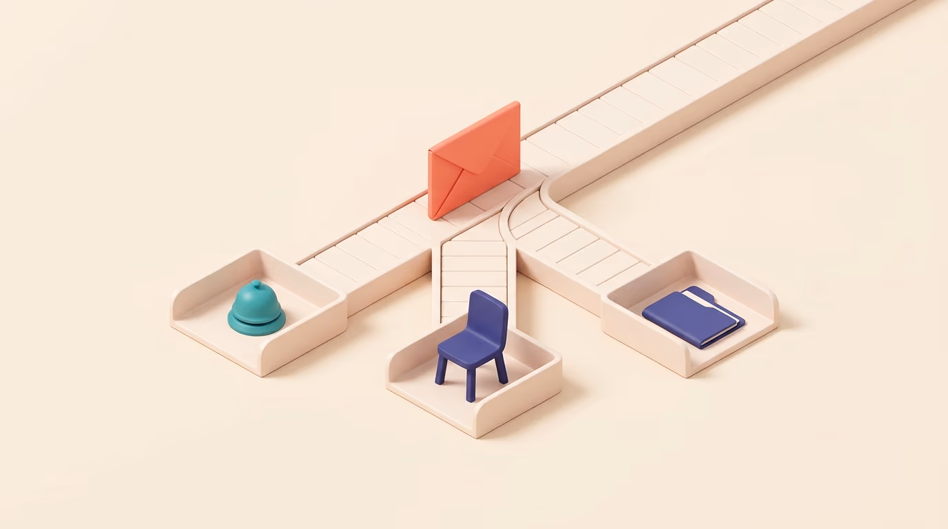 An envelope on a track splitting into three sorting trays