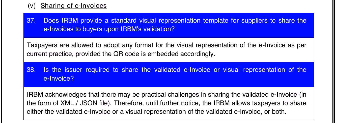LHDN e-Invoice FAQ questions 37 and 38 on sharing the validated e-Invoice or a visual representation