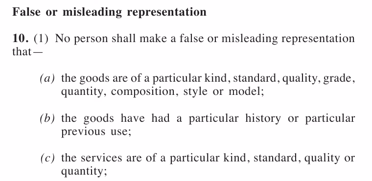 Section 10(1) of the Consumer Protection Act 1999, false or misleading representation