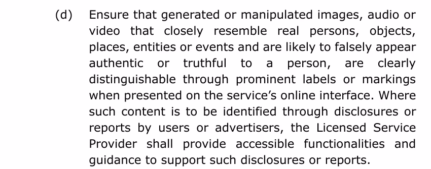 Clause 4.2.4(d) of MCMC's Risk Mitigation Code, on labelling generated or manipulated media