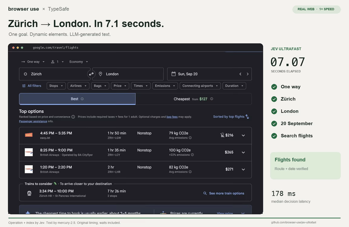 The finished Google Flights search in Browser Use's Jev demo, timer at 7.07 seconds