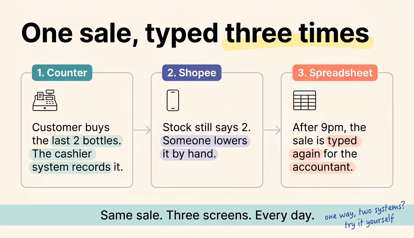 One counter sale recorded in the cashier system, then retyped into Shopee and a spreadsheet