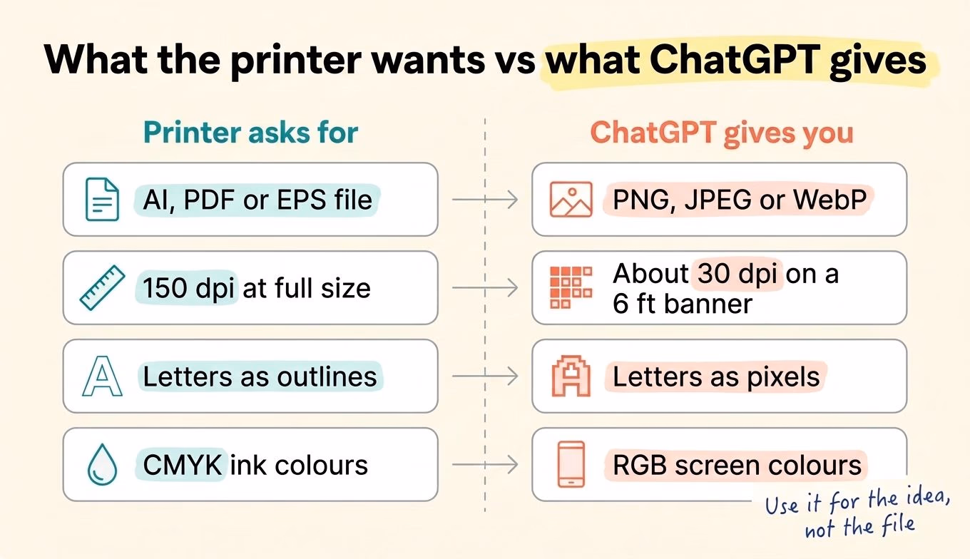 Chart comparing what a printer asks for with what a ChatGPT image gives you
