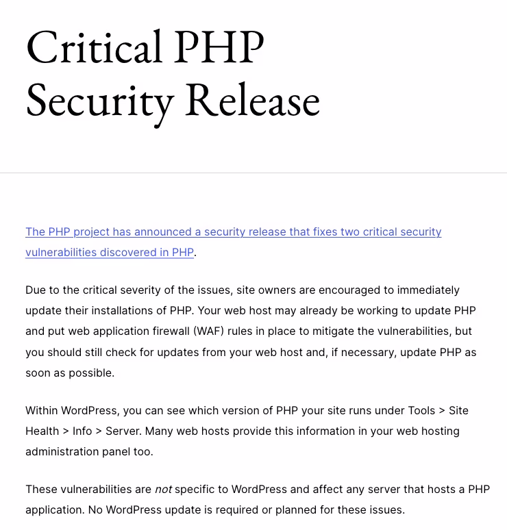 WordPress.org announcement saying the PHP flaws need a PHP update